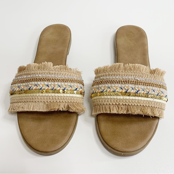 SHEIN Fabric Slides, Embellished Fringed Upper, Tan, Size 9 - Picture 3 of 6